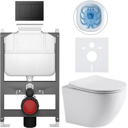 CERANO - Kompletní WC set Basic/Cesso - bílá lesklá - WC tlačítko Maxio/Černá - ovládání shora - předstěnová instalace - 49x36  (CER-8050BD85945)