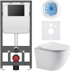 CERANO - Kompletní WC set Basic/Cesso - bílá lesklá - WC tlačítko Maxio/Černá - závěsné - předstěnová instalace - 49x36  (CER-8050BD85948)