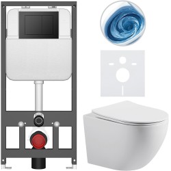 CERANO - Kompletní WC set Basic/Cesso - bílá lesklá - WC tlačítko Maxio/Černá - závěsné - předstěnová instalace - 49x36  (CER-8050BD85993)