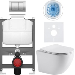 CERANO - Kompletní WC set Basic/Cesso - bílá lesklá - WC tlačítko Maxio/Stříbrná - ovládání shora - předstěnová instalace - 49x36  (CER-8050BD85950)