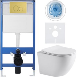 CERANO - Kompletní WC set Profi/Cesso - bílá lesklá - WC tlačítko Duo/Zlatá - předstěnová instalace - 49x36  (CER-8050BD84213)