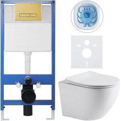 CERANO - Kompletní WC set Profi/Cesso - bílá lesklá - WC tlačítko Slim/Zlatá - předstěnová instalace - 49x36  (CER-367254)