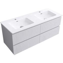 CERANO - Koupelnová skříňka Carole - bílá matná rýhovaná + keramické dvojumyvadlo Novo - bílá lesklá - 121x49,5x46,5  (CER-720317)