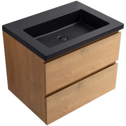 CERANO - Koupelnová skříňka Carole - dub medový + umyvadlo z lit. mramoru Ovo - černá matná - 60,5x53x46,5  (CER-979928)