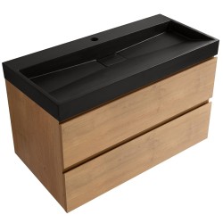 CERANO - Koupelnová skříňka Carole - dub medový + umyvadlo z lit. mramoru Vita - černá matná - s otvorem - 100x58x46  (CER-669142)