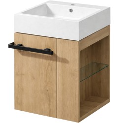 CERANO - Koupelnová skříňka Esme - dub medový  + umyvadlo z lit. mramoru - bílá lesklá - 45x62,5x45  (CER-1000000)