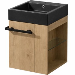 CERANO - Koupelnová skříňka Esme - dub medový  + umyvadlo z lit. mramoru - černá matná - 45x62,5x45  (CER-999991)