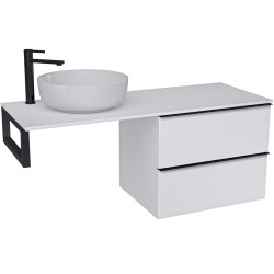 CERANO - Koupelnová skříňka Velora - bílá matná, úchytka černá + deska pod umyvadlo Navira Slim - 18 mm + konzole černá - 140x54,8x46,5  (CER-668048)