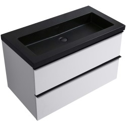 CERANO - Koupelnová skříňka Velora - bílá matná, úchytka černá + umyvadlo z lit. mramoru Ovo - černá matná - 80,5x58x46,5  (CER-979942)