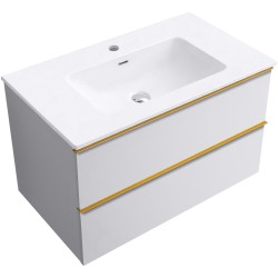 CERANO - Koupelnová skříňka Velora - bílá matná, úchytka zlatá + keramické umyvadlo Novo - bílá lesklá - 81x54,5x46,5  (CER-979886)