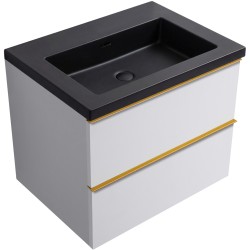 CERANO - Koupelnová skříňka Velora - bílá matná, úchytka zlatá + umyvadlo z lit. mramoru Ovo - černá matná - 70,5x58x46,5  (CER-979951)