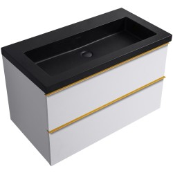 CERANO - Koupelnová skříňka Velora - bílá matná, úchytka zlatá + umyvadlo z lit. mramoru Ovo - černá matná - 80,5x58x46,5  (CER-979952)