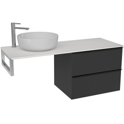 CERANO - Koupelnová skříňka Velora - černá matná, úchytka černá + deska pod umyvadlo z lit. mramoru Elanys - 12 mm + konzole chrom - 160x54,2x46,5  (CER-679393)
