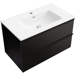 CERANO - Koupelnová skříňka Velora - černá matná, úchytka černá + keramické umyvadlo Novo - bílá lesklá - 81x54,5x46,5  (CER-979891)