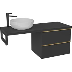 CERANO - Koupelnová skříňka Velora - černá matná, úchytka zlatá + deska pod umyvadlo Navira Pro - 36 mm + konzole černá - 160x56,6x46,5  (CER-667967)