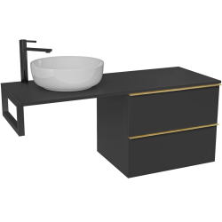 CERANO - Koupelnová skříňka Velora - černá matná, úchytka zlatá + deska pod umyvadlo Navira Slim - 18 mm + konzole černá - 120x54,8x46,5  (CER-668024)