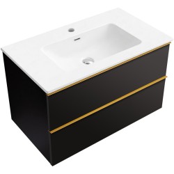 CERANO - Koupelnová skříňka Velora - černá matná, úchytka zlatá + keramické umyvadlo Novo - bílá lesklá - 81x54,5x46,5  (CER-979901)