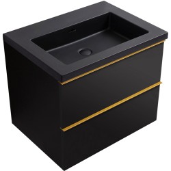CERANO - Koupelnová skříňka Velora - černá matná, úchytka zlatá + umyvadlo z lit. mramoru Ovo - černá matná - 60,5x58x46,5  (CER-979965)