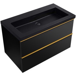 CERANO - Koupelnová skříňka Velora - černá matná, úchytka zlatá + umyvadlo z lit. mramoru Ovo - černá matná - 80,5x58x46,5  (CER-979967)
