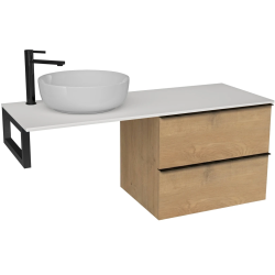 CERANO - Koupelnová skříňka Velora - dub medový, úchytka černá + deska pod umyvadlo z lit. mramoru Elanys - 12 mm + konzole černá - 160x54,2x46,5  (CER-679398)