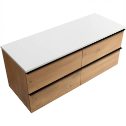 CERANO - Koupelnová skříňka Velora - dub medový, úchytka černá + deska z lit. mramoru Elanys - 12 mm - bílá matná - 160x54,2x46,5  (CER-679448)
