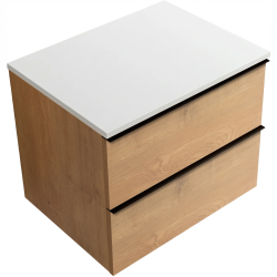CERANO - Koupelnová skříňka Velora - dub medový, úchytka černá + deska z lit. mramoru Elanys - 12 mm - bílá matná - 70x54,2x46,5  (CER-679450)