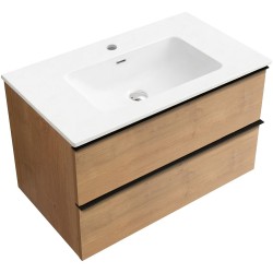 CERANO - Koupelnová skříňka Velora - dub medový, úchytka černá + keramické umyvadlo Novo - bílá lesklá - 81x54,5x46,5  (CER-979906)