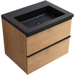 CERANO - Koupelnová skříňka Velora - dub medový, úchytka černá + umyvadlo z lit. mramoru Ovo - černá matná - 70,5x58x46,5  (CER-979971)