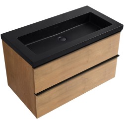 CERANO - Koupelnová skříňka Velora - dub medový, úchytka černá + umyvadlo z lit. mramoru Ovo - černá matná - 80,5x58x46,5  (CER-979972)
