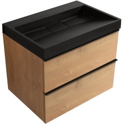 CERANO - Koupelnová skříňka Velora - dub medový, úchytka černá + umyvadlo z lit. mramoru Vita - černá matná - 70x63x46,5  (CER-8050BD84038)