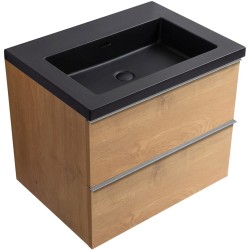 CERANO - Koupelnová skříňka Velora - dub medový, úchytka chrom + umyvadlo z lit. mramoru Ovo - černá matná - 70,5x58x46,5  (CER-979976)