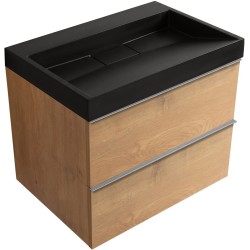 CERANO - Koupelnová skříňka Velora - dub medový, úchytka chrom + umyvadlo z lit. mramoru Vita - černá matná - 70x63x46,5  (CER-8050BD84047)