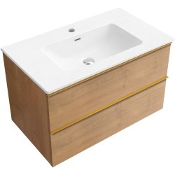 CERANO - Koupelnová skříňka Velora - dub medový, úchytka zlatá + keramické umyvadlo Novo - bílá lesklá - 81x54,5x46,5  (CER-979916)