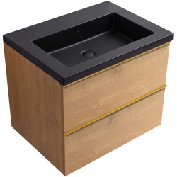 CERANO - Koupelnová skříňka Velora - dub medový, úchytka zlatá + umyvadlo z lit. mramoru Ovo - černá matná - 70,5x58x46,5  (CER-979981)