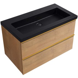 CERANO - Koupelnová skříňka Velora - dub medový, úchytka zlatá + umyvadlo z lit. mramoru Ovo - černá matná - 80,5x58x46,5  (CER-979982)