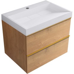 CERANO - Koupelnová skříňka Velora - dub medový, úchytka zlatá + umyvadlo z lit. mramoru s otvorem Vita - bílá lesklá - 70x63x46,5  (CER-8050BD83881)