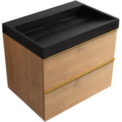 CERANO - Koupelnová skříňka Velora - dub medový, úchytka zlatá + umyvadlo z lit. mramoru Vita - černá matná - 70x63x46,5  (CER-8050BD84056)