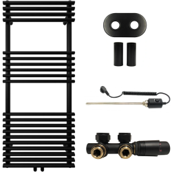 CERANO - Koupelnový radiátorový set Luigi - kombinované výtápění, termo tyč - středové připojení 50 mm - 300W - černá matná - 1200x500 mm (CER-663424)