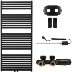 CERANO - Koupelnový radiátorový set Vincenzo - kombinované výtápění, termo tyč - středové připojení 50 mm - 600W - černá matná - 1340x600 mm (CER-663508)