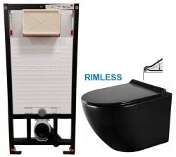 DEANTE Podomítkový rám, pro závěsné WC mísy bez tlačítka + WC MEXEN LENA ČERNÁ Rimless + SEDÁTKO (CST_WC01 X ME01)