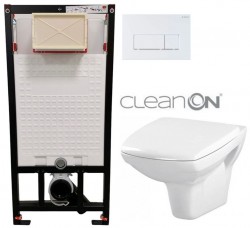 DEANTE Podomítkový rám, pro závěsné WC mísy + SLIM tlačítko bílé + WC CERSANIT CLEANON CARINA  + SEDÁTKO (CST_WC01 A51P CA1)