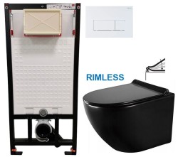 DEANTE Podomítkový rám, pro závěsné WC mísy + SLIM tlačítko bílé + WC MEXEN LENA ČERNÁ Rimless + SEDÁTKO (CST_WC01 A51P ME01)
