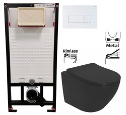 DEANTE Podomítkový rám, pro závěsné WC mísy + SLIM tlačítko bílé + WC REA CARLO MINI RIMLESS ČERNÝ MAT + SEDÁTKO (CST_WC01 A51P MM1)