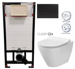 DEANTE Podomítkový rám, pro závěsné WC mísy + SLIM tlačítko černé + WC CERSANIT CLEANON CITY + SEDÁTKO (CST_WC01 N51P CI1)
