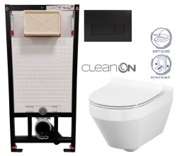 DEANTE Podomítkový rám, pro závěsné WC mísy + SLIM tlačítko černé + WC CERSANIT CLEANON CREA OVÁL + SEDÁTKO (CST_WC01 N51P CR1)