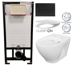 DEANTE Podomítkový rám, pro závěsné WC mísy + SLIM tlačítko černé + WC CERSANIT CLEANON MODUO + SEDÁTKO (CST_WC01 N51P MO1)