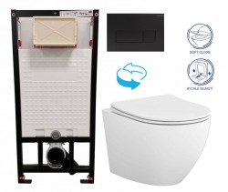 DEANTE Podomítkový rám, pro závěsné WC mísy + SLIM tlačítko černé + WC CERSANIT DESSE VORTEX + SEDÁTKO (CST_WC01 N51P ES1)