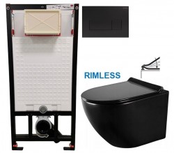 DEANTE Podomítkový rám, pro závěsné WC mísy + SLIM tlačítko černé + WC MEXEN LENA ČERNÁ Rimless + SEDÁTKO (CST_WC01 N51P ME01)