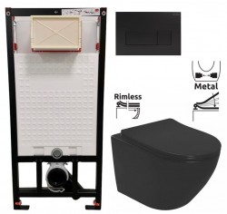 DEANTE Podomítkový rám, pro závěsné WC mísy + SLIM tlačítko černé + WC REA CARLO MINI RIMLESS ČERNÝ MAT + SEDÁTKO (CST_WC01 N51P MM1)