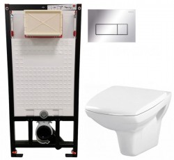 DEANTE Podomítkový rám, pro závěsné WC mísy + SLIM tlačítko chrom + WC CERSANIT CLEANON CARINA + SEDÁTKO (CST_WC01 051P CA2)